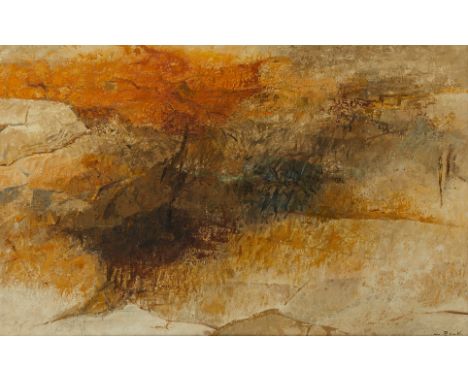 Charles Beck (American, b.1923). Oil on canvas painting titled "Hills and Trees" depicting an abstract landscape, 1960. Signe
