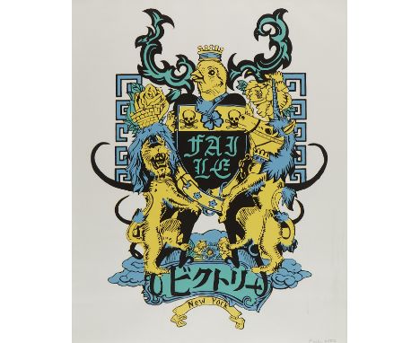 FAILE, Brooklyn, New York. Serigraph on paper print depicting a coat of arms featuring a lion, a horse, and a pigeon. With a 