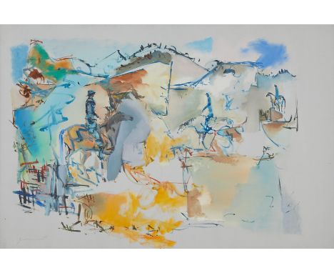 Walter Quirt (American, 1902-1968). Large oil on canvas painting titled "Mountain Riders" depicting an abstract scene of figu
