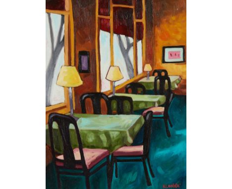 Kari Lennartson (America, 20th/21st c.). Oil on canvas painting titled "Open for Business" depicting a corner of a restaurant