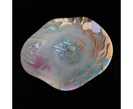 W. Stephen Hodder (American, 20th/21st c). Blown and cut glass charger decorated with an eagle, deer, and face, ca. 1980s. Si