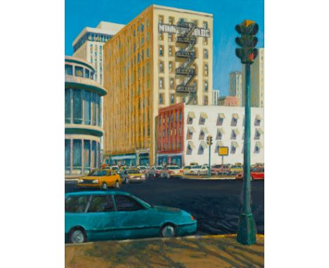 Mark Horton (American, 20th/21st c). Oil on canvas painting depicting the Historic Minnesota Building in downtown Saint Paul.