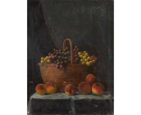 Barton Stone "B.S." Hays (American, 1826-1914). Oil on canvas still life painting depicting a basket of overflowing grapes an