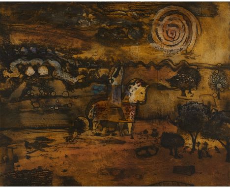 Malcolm Haynie Myers (American, 1917-2002). Intaglio print titled "The Journey" depicting a knight on a horse, 1956. Pencil s