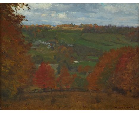 Alexis Jean Fournier (American, 1865-1948). Oil on board painting titled "Autumn in the Valley at E.A. NY," depicting a peace