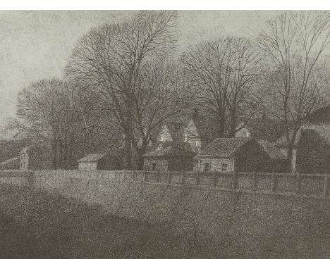 Mike Lynch (American, b. 1938). Lithograph on paper print titled "Houses by the Trucks," depicting a row of houses, 1978. Pen