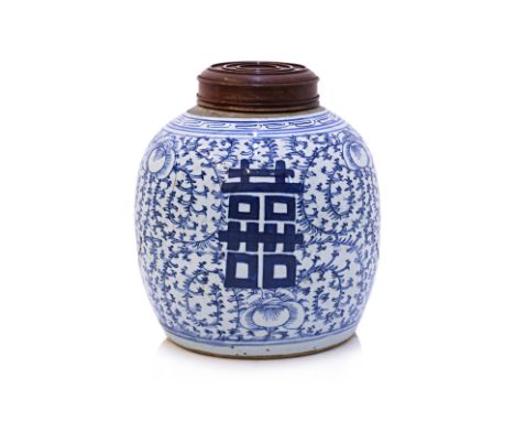 A BLUE AND WHITE DOUBLE HAPPINESS JAR AND COVER
Chinese, 19th century, porcelain ginger jar, double happiness character to ea