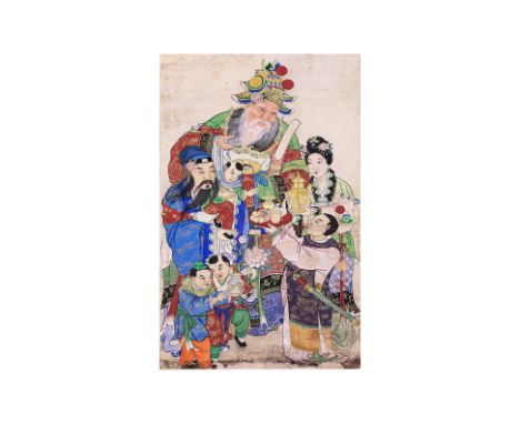 A CHINESE SCROLL OF 'WEALTH AND LONGEVITY'
Circa late 19th/early 20th century, ink and colour on paper
160 x 92cm
Condition: 