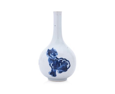 A BLUE AND WHITE MYTHICAL BEAST PORCELAIN BOTTLE VASE Of Kangxi style, the globular body tapering to a slender neck, decorate