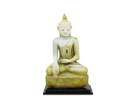 A BURMESE SHAN ALABASTER BUDDHA STATUE Circa 18th century or later, carved alabaster, Buddha sitting in a lotus position with