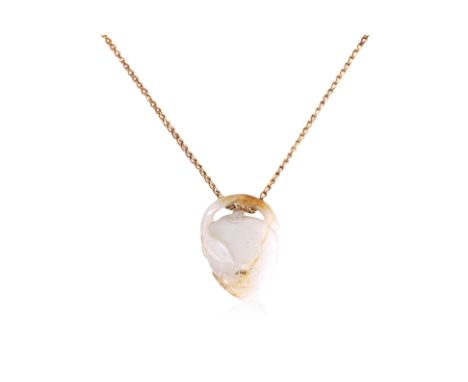 A CELADON AND RUSSET JADE PEACH AND BAT PENDANT With openwork stalk, carved with a single bat, on a gold chain marked '14k' t