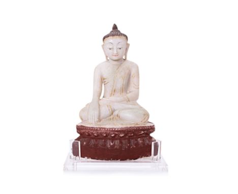 A BURMESE ALABASTER BUDDHA STATUE
Circa 18th century or later, Ava type Buddha carved from alabaster, painted in red lacquer 