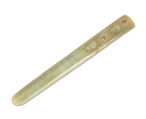 A NEPHRITE JADE BLADE WITH CICADA Chinese, carved jade blade in narrow arched form, upper with two cicadas carved in relief a