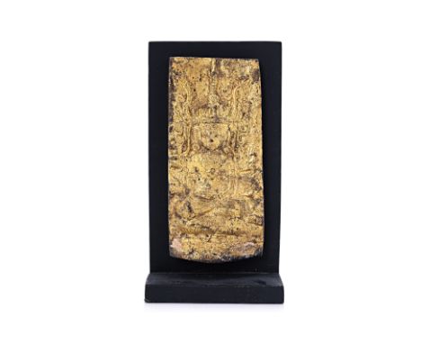A BURMESE BUDDHA GILDED POTTERY TILE
Circa 19th century, stoneware pottery tile with impressed image of Buddha in sitting pos