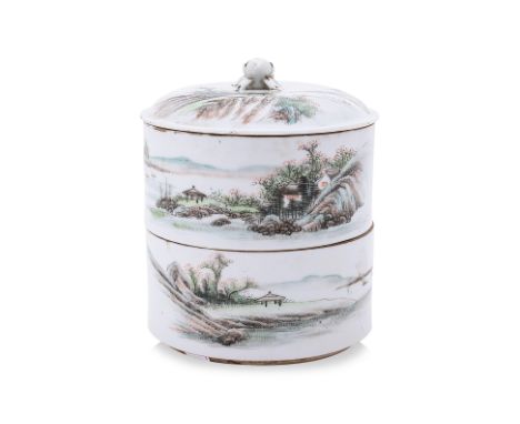 A QIANJIANG STYLE PORCELAIN TWO TIER BOX AND COVER
The cover and body decorated with landscape scenes and Chinese characters
