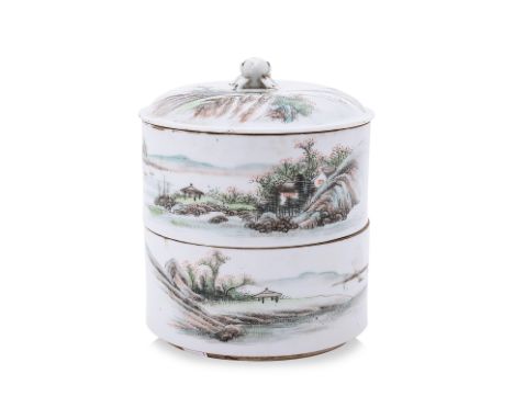 A QIANJIANG STYLE PORCELAIN TWO TIER BOX AND COVER
The cover and body decorated with landscape scenes and Chinese characters
