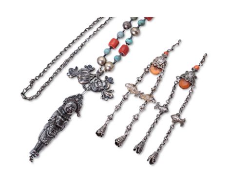 A CHINESE SILVER NECKLACE WITH NEEDLE CASE
China, circa 19th century, a silver metal chain with coral and turquoise beads, to