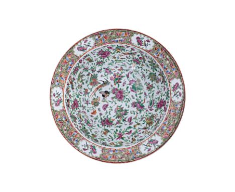 A CANTON FAMILLE ROSE PORCELAIN BASIN
The interior decorated with birds and butterflies among peonies, louts flowers and flor