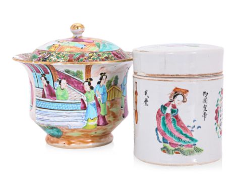 TWO FAMILLE ROSE PORCELAIN LIDDED JARS
Chinese, 19th century, Canton porcelain, round jar and cover, flared everted rim, deco