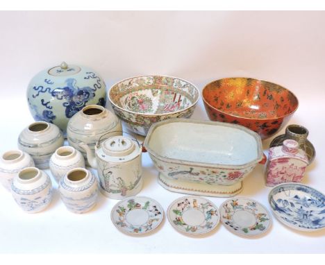 Chinese ceramics, a reproduction famille rose bowl, ginger jars, tea caddy, etc