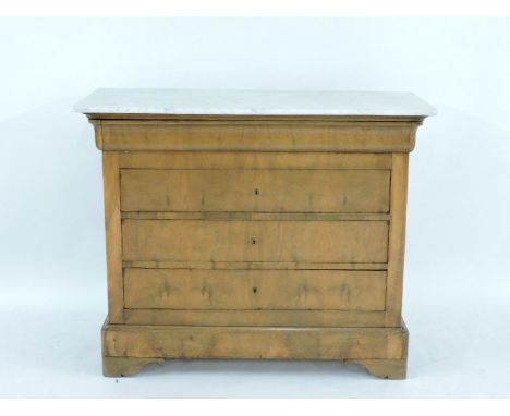 A 19th century Continental walnut commode, the marble top over a moulded frieze drawer, and three long drawers, 117.5cm wide