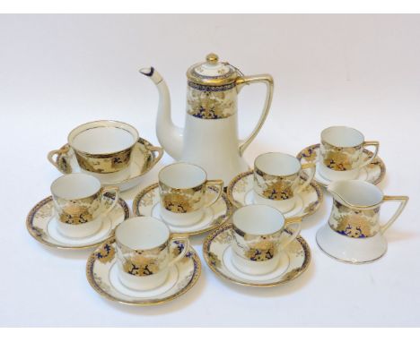 A Noritake coffee set, comprising six cups and saucers, milk jug, sugar bowl, sweetmeat bowl, and coffee pot