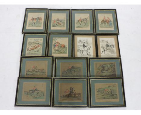 A set of twelve coloured hunting prints, after Alken, and two hunting etchings