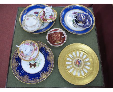 An Aysnley Bone China Cabinet Plate, with wide gilt embossed border to fruit centre, Royal Albert cabinet cups and saucers in