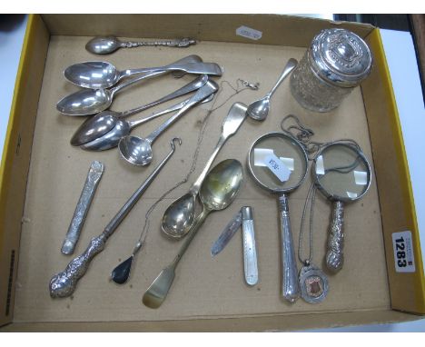 Silver Topped Glass Tidy Jar, seven silver spoons, medal, button hook, silver bladed fruit knife, pendant on chain, two magni