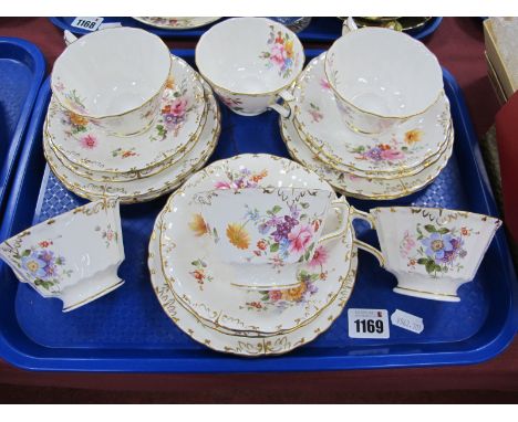 Royal Crown Derby A1012 Handpainted Posies Teaware with gilt highlights, comprising: six cups, six saucers and six side plate