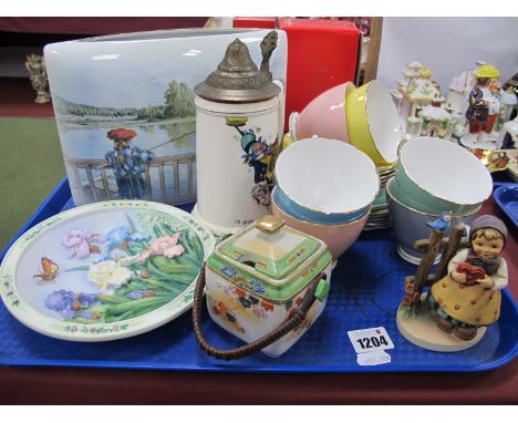 Goebel Lisbeth Fishing Vase, 25cm wide, and figure, Colclouru Harlequin tea service,tankard, etc:- One Tray.