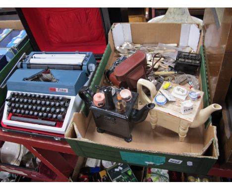 Two Novelty Teapots, Cosmic 35 camera, scissors, watches, cutlery, etc:- One Box plus Daro Erika Typewriter.