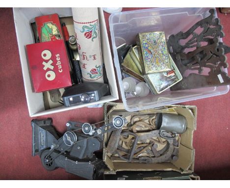 A Large Quantity of Miscellaneous Collectable Items, including a Pathescope projector, tins, metalware, horseshoes, etc:- Thr