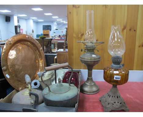Copper Kettles, chrome candlesticks, cutlery, copper wall plaque, etc:- One Box. Iron based oil lamp with amber well, one oth