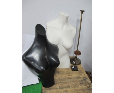 Polyform White Female Torso Mannequin, 57cm, a smaller black torso,two metal hat stands. 