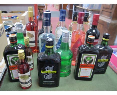 Mixed Spirits - Antica Sambuca Classic &amp; Raspberry Liqueur, 70cl, (3); Jagermeister, 70cl, (2); Jungfrau Schnapps, 70cl, 