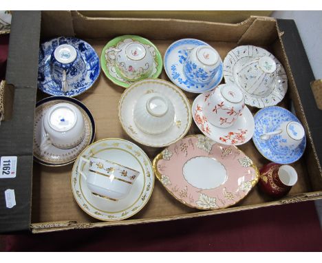 Royal Crown Derby: Eight Cups and Matching Saucers, XIX Century tea bowl and stand, salmon pink oval dish, bulbous vase:- One