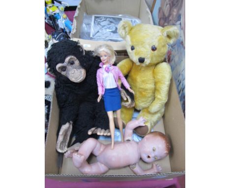 Dean's Childsplay Gold Plush Teddy Bear, with growling facility and a black monkey, Pedigree doll, Mattel 1998 Barbie Doll. (