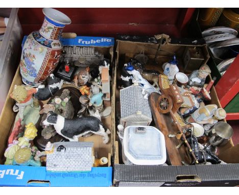 Two Annie Rowe Teapots, ceramic and resin figures, country artists, model cart, scales, clock, etc:- Two Boxes.