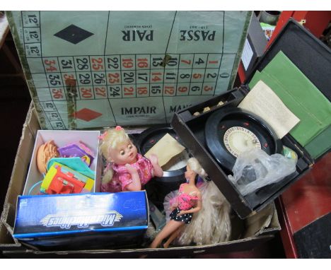 Two Mattel Barbie Dolls, Bluebird plastic houses, model trains, roulette, etc:- One Box