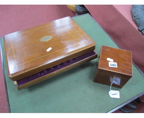 An Early XX Century Walnut Cutlery Case, with maroon velvet lined interior. A XIX Century tea caddy with brass escutcheon and