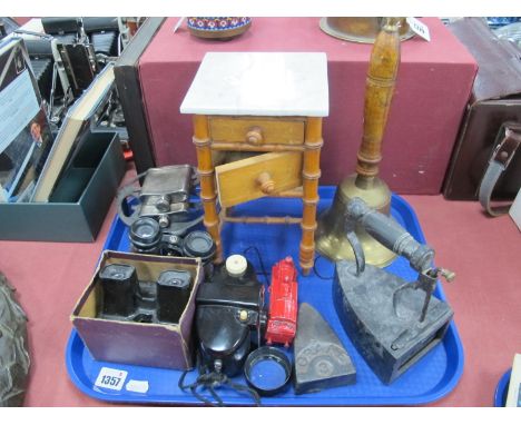 A Small Tile Topped Jewel Case, with bamboo effect supports, 25cm high, Crane 3 trivet and flat iron, hand bell, binoculars, 