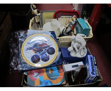 Shudehill Clock, clown figure, Edinburgh brandy glasses, metronome, Rabone tape, etc:- Two Boxes.