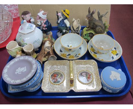 A Pair of XIX Century Tea Bowls and Saucers, Wedgewood Jasper ware, Regency Fine Art Figures, etc:- One Tray.