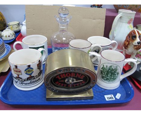 Ward's Brass Cased Mantel Clock 'Thorne Best Bitter' to Face, 15cm wide. Four Wade and One Seaton Brewery mugs, glass decante