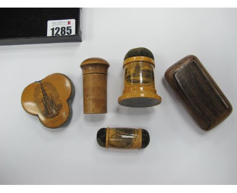 Three Treen Pin Cushions, including Scotts monument, snuff box, cylinder needle case. (5).