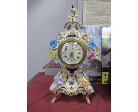 Reine Handarbeit, German ceramic cased mantle clock with applied floral encrustation, Royal Blue and gilt highlights. E. Wern