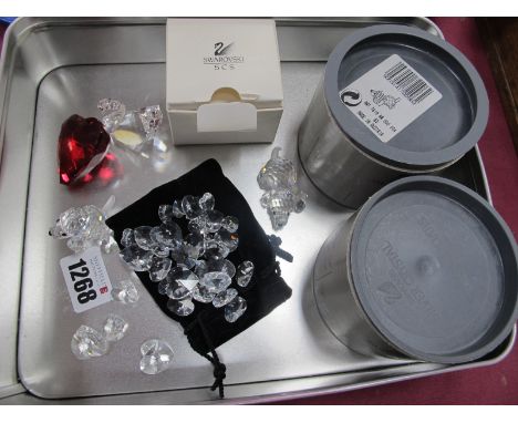 Swarovski, Swan 3.5cm high and two puppies (boxed), and ruby crystal heart and many smaller clear examples.