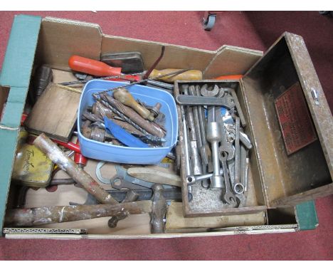 Wesco Oil Can, spanners, hand drill, Moore &amp; Wright rule, hammers, other tools:- One Box.