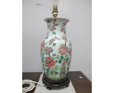 Oriental: Table Lamp, the body as a ceramic vase with flowering blossom, 39.5cm high excluding fitting.